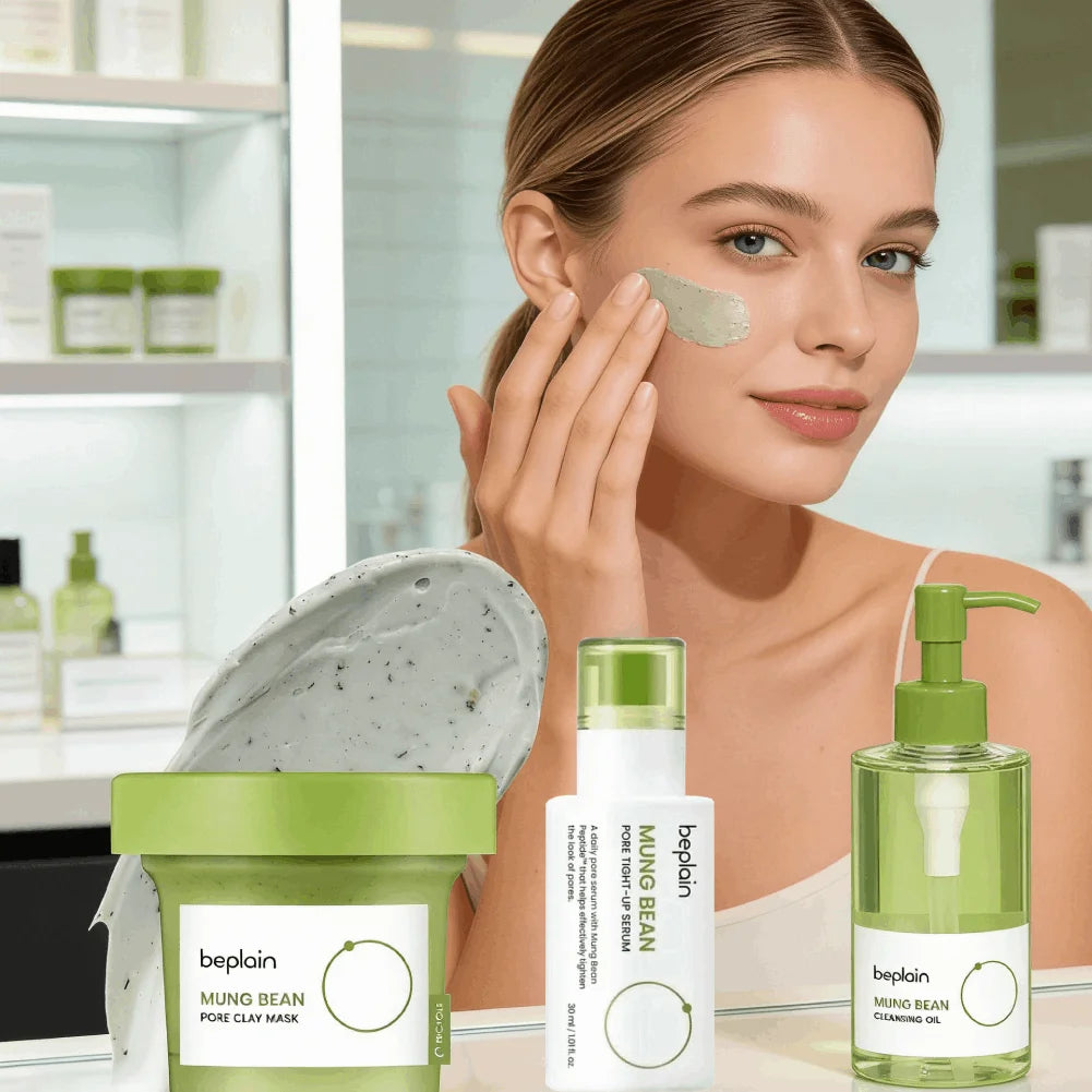 Beplain Mung Bean Pore Clearing Duo - Deep Cleansing Oil & Pore Clay Mask | Korean Skincare Set for Blackhead Removal & Clogged Pores